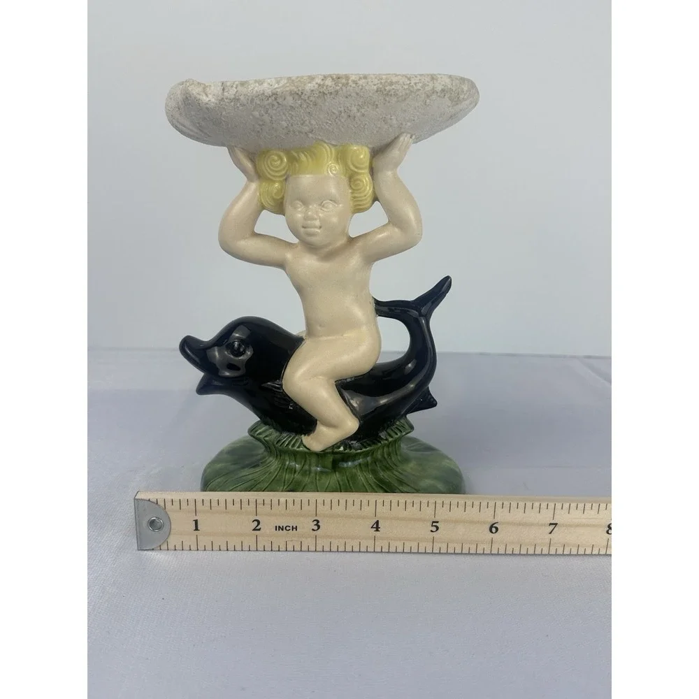 VTG Cherub Dolphin Soap Dish Ceramic Bathroom Vanity Tray Angel Shell Holder